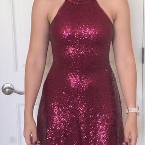 Glamorous Red Sequin Halter Cocktail Dress